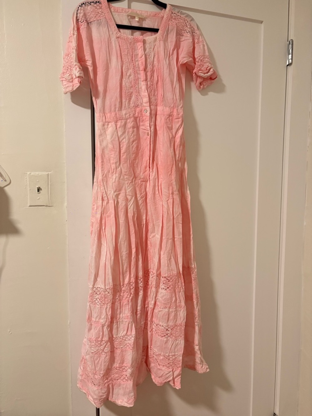LoveShackFancy Pink Lace-Trim Button-Edie Midi Dress